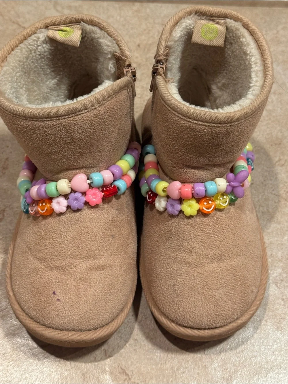 Kids Tan Plush Winter Boots with Colorful Bead Anklets